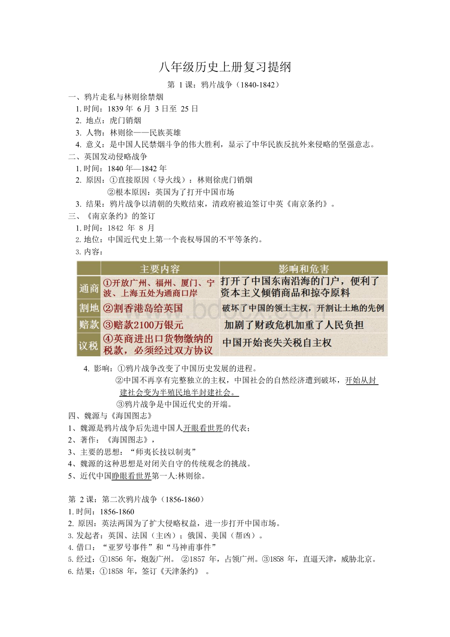 2018年部编人教版八年级历史上册复习提纲.docx