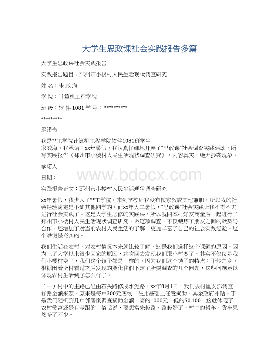 大学生思政课社会实践报告多篇Word格式文档下载.docx