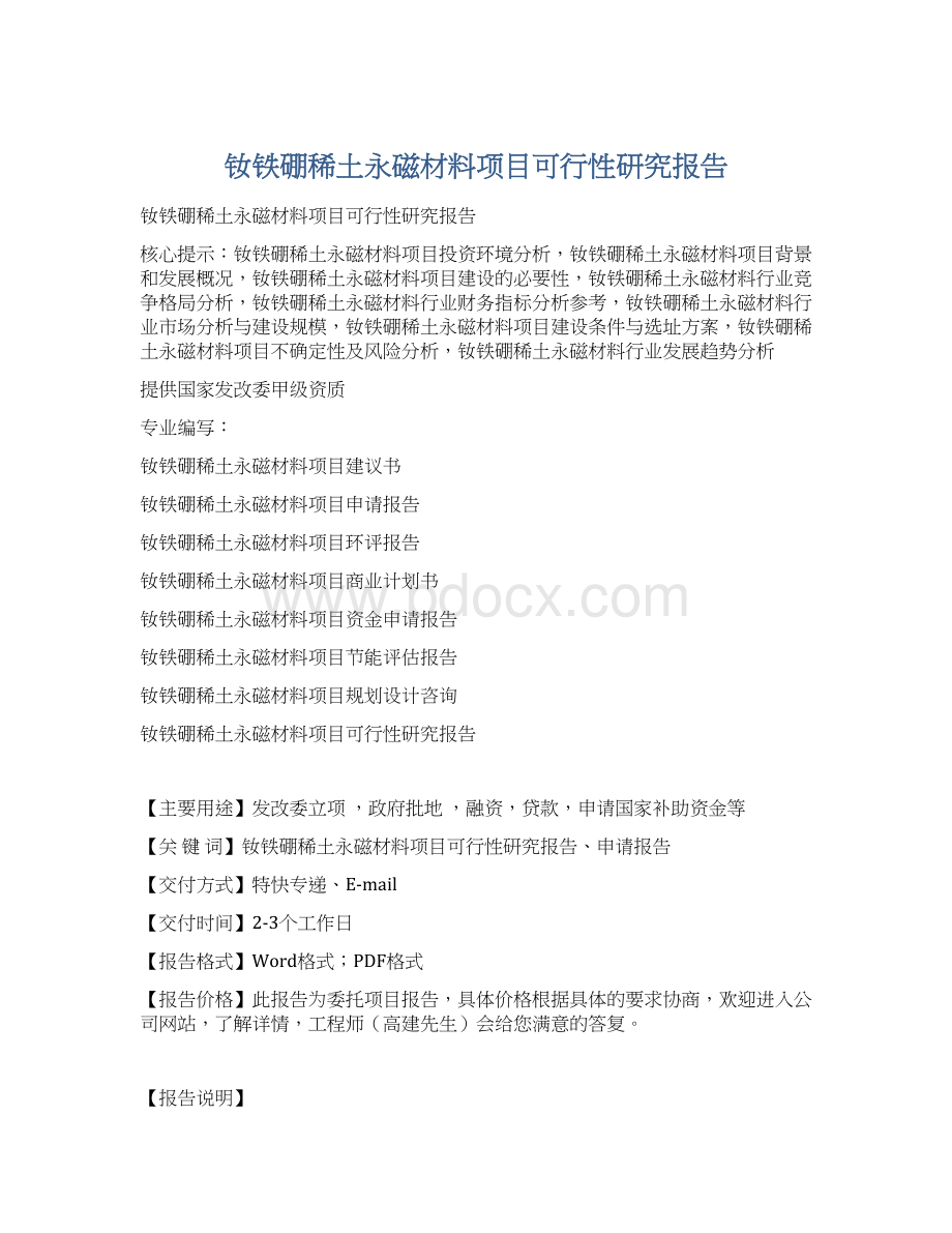 钕铁硼稀土永磁材料项目可行性研究报告Word文档下载推荐.docx