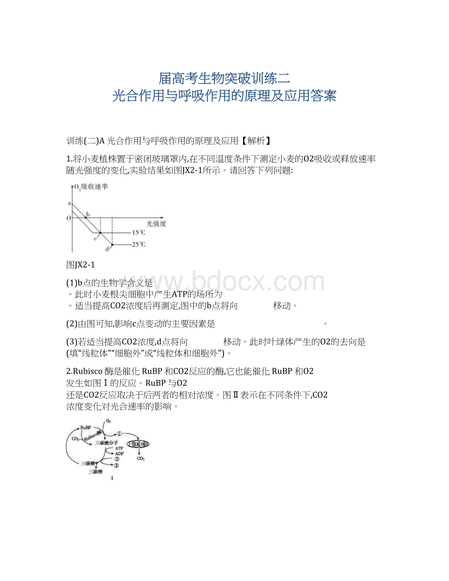 届高考生物突破训练二 光合作用与呼吸作用的原理及应用答案.docx