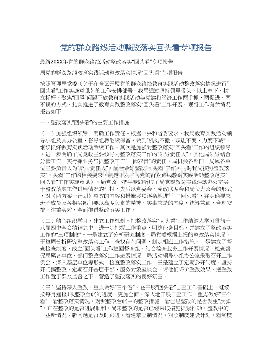 党的群众路线活动整改落实回头看专项报告.docx_第1页