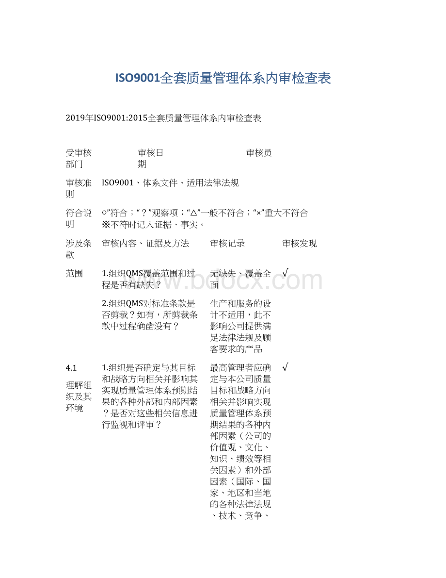 ISO9001全套质量管理体系内审检查表.docx_第1页