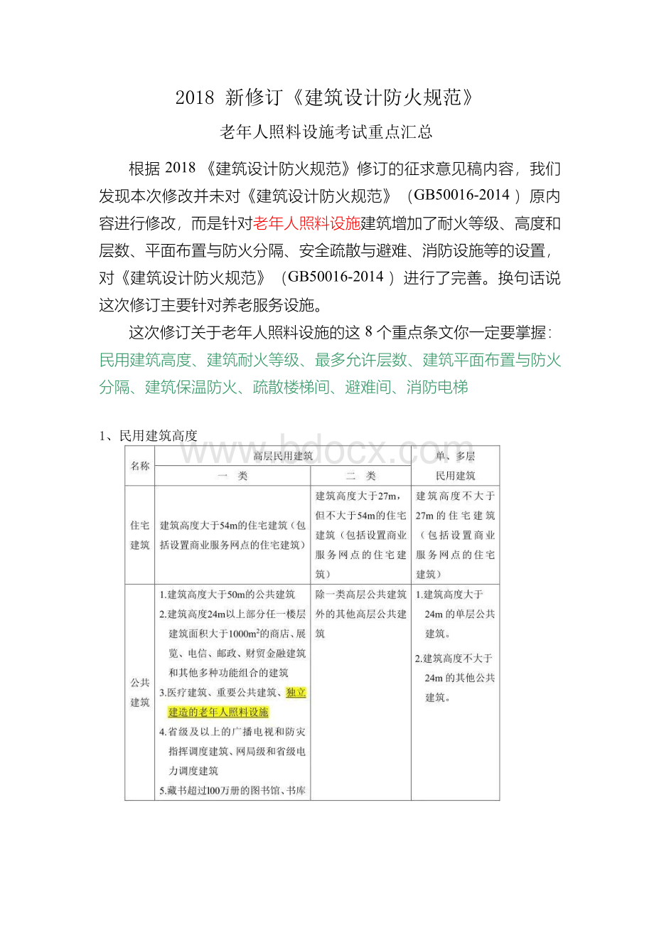 2018新修订《建筑设计防火规范》老年人照料设施考试重点汇总Word文档下载推荐.docx_第1页