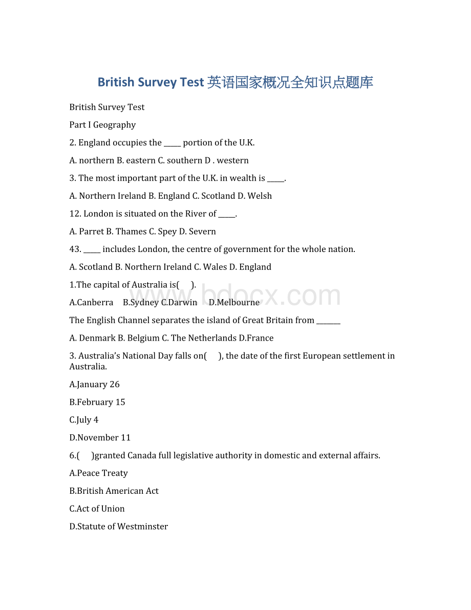 British Survey Test 英语国家概况全知识点题库Word格式文档下载.docx