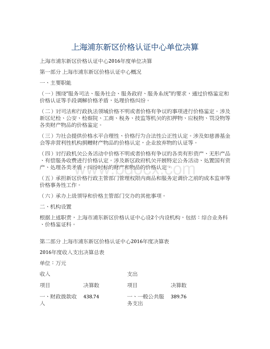 上海浦东新区价格认证中心单位决算.docx_第1页