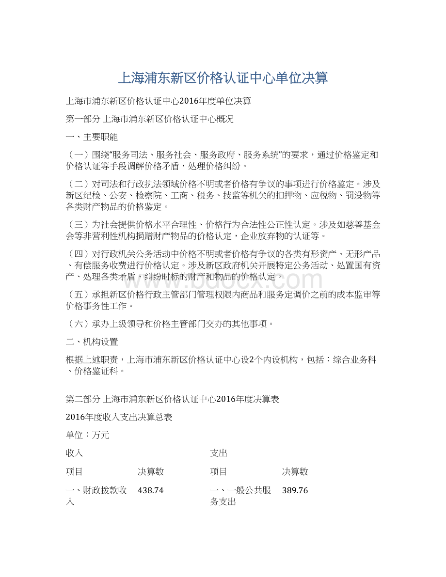 上海浦东新区价格认证中心单位决算Word下载.docx_第1页