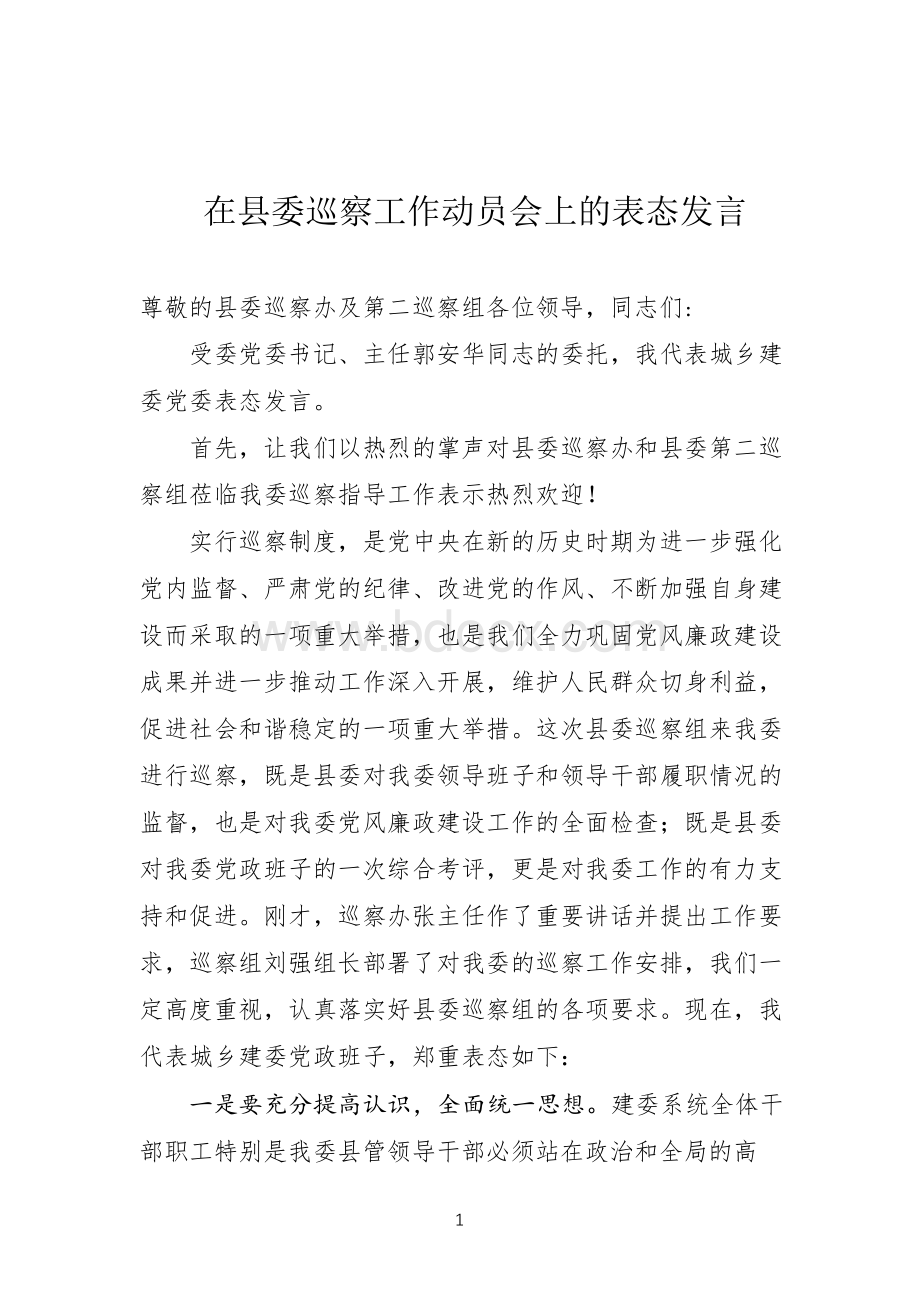 在县委巡察工作动员会上的表态发言Word下载.docx