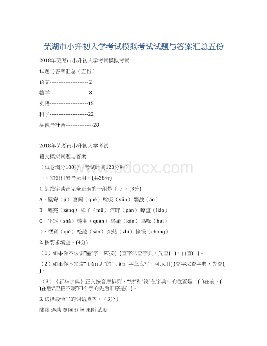 芜湖市小升初入学考试模拟考试试题与答案汇总五份Word格式文档下载.docx_第1页