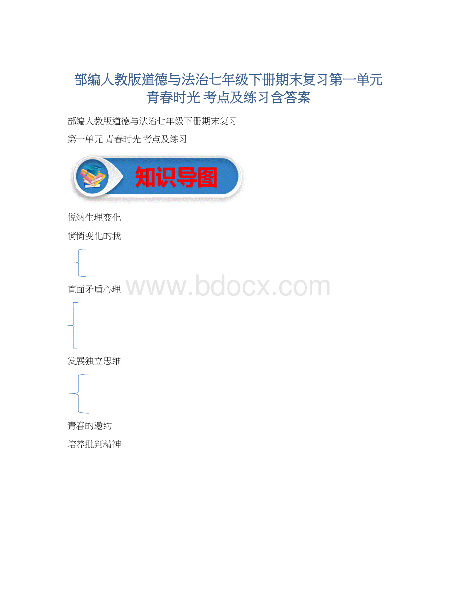 部编人教版道德与法治七年级下册期末复习第一单元 青春时光 考点及练习含答案.docx_第1页