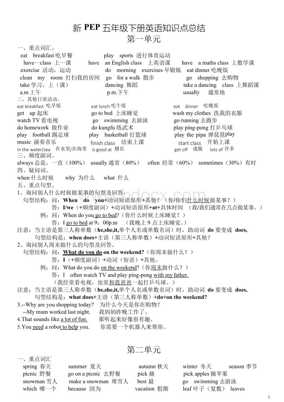 新PEP五年级下册英语知识点总结Word格式.docx