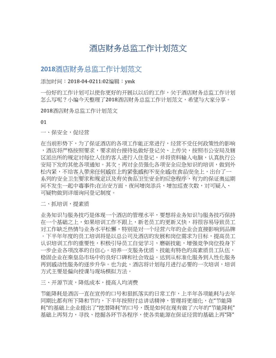 酒店财务总监工作计划范文文档格式.docx