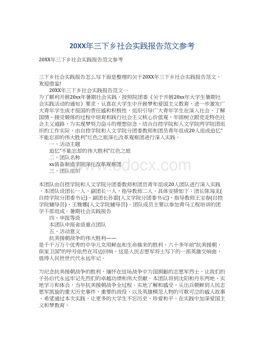 20XX年三下乡社会实践报告范文参考文档格式.docx