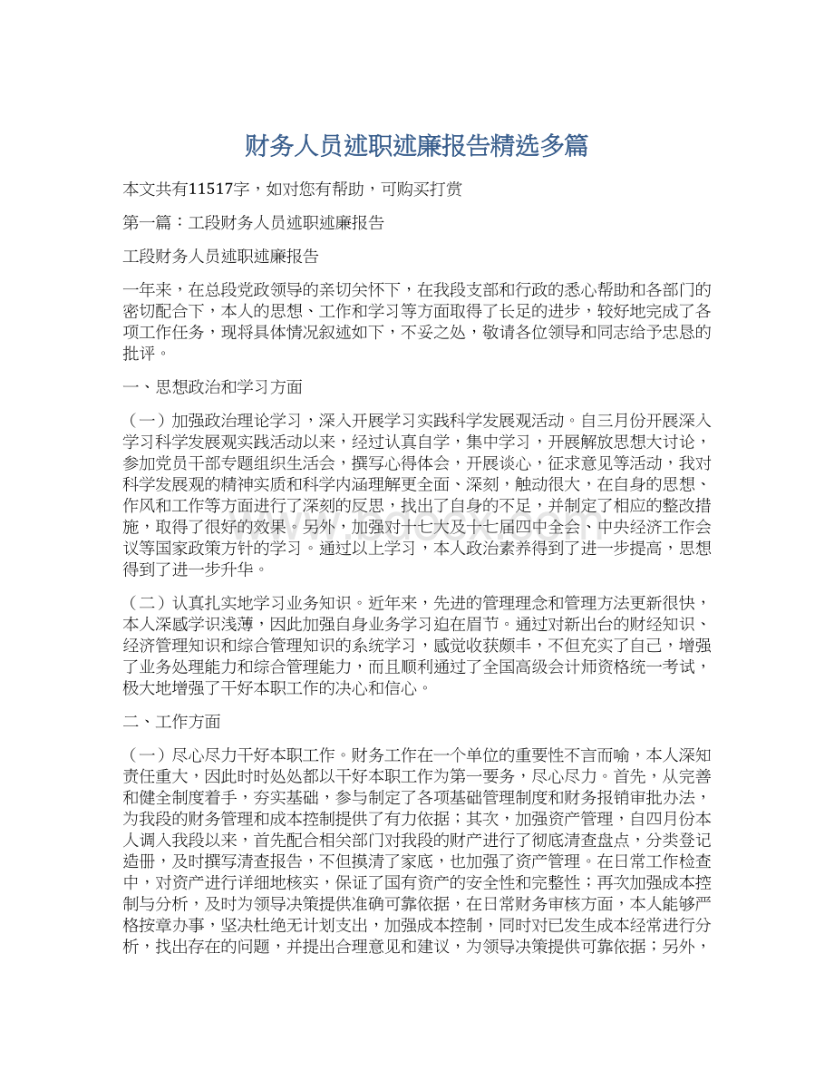 财务人员述职述廉报告精选多篇.docx