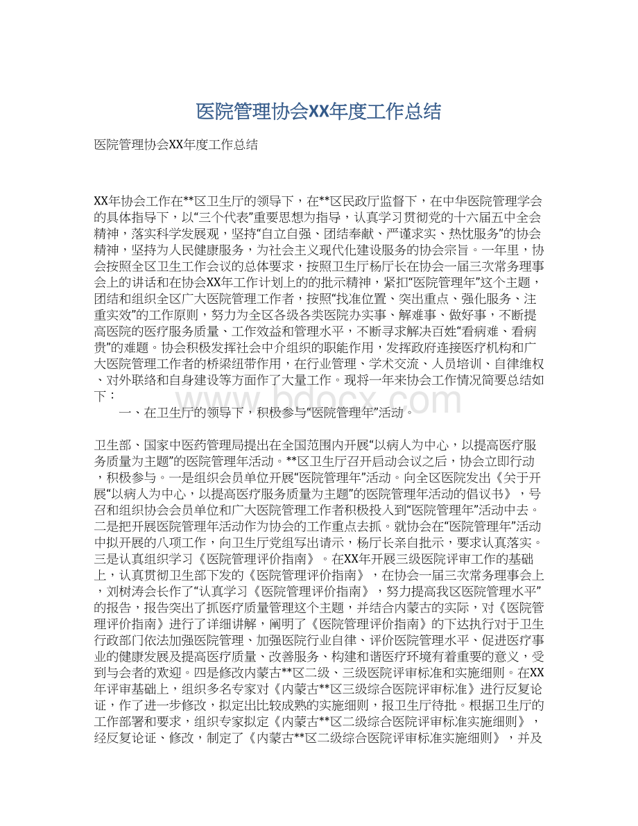 医院管理协会XX年度工作总结Word下载.docx