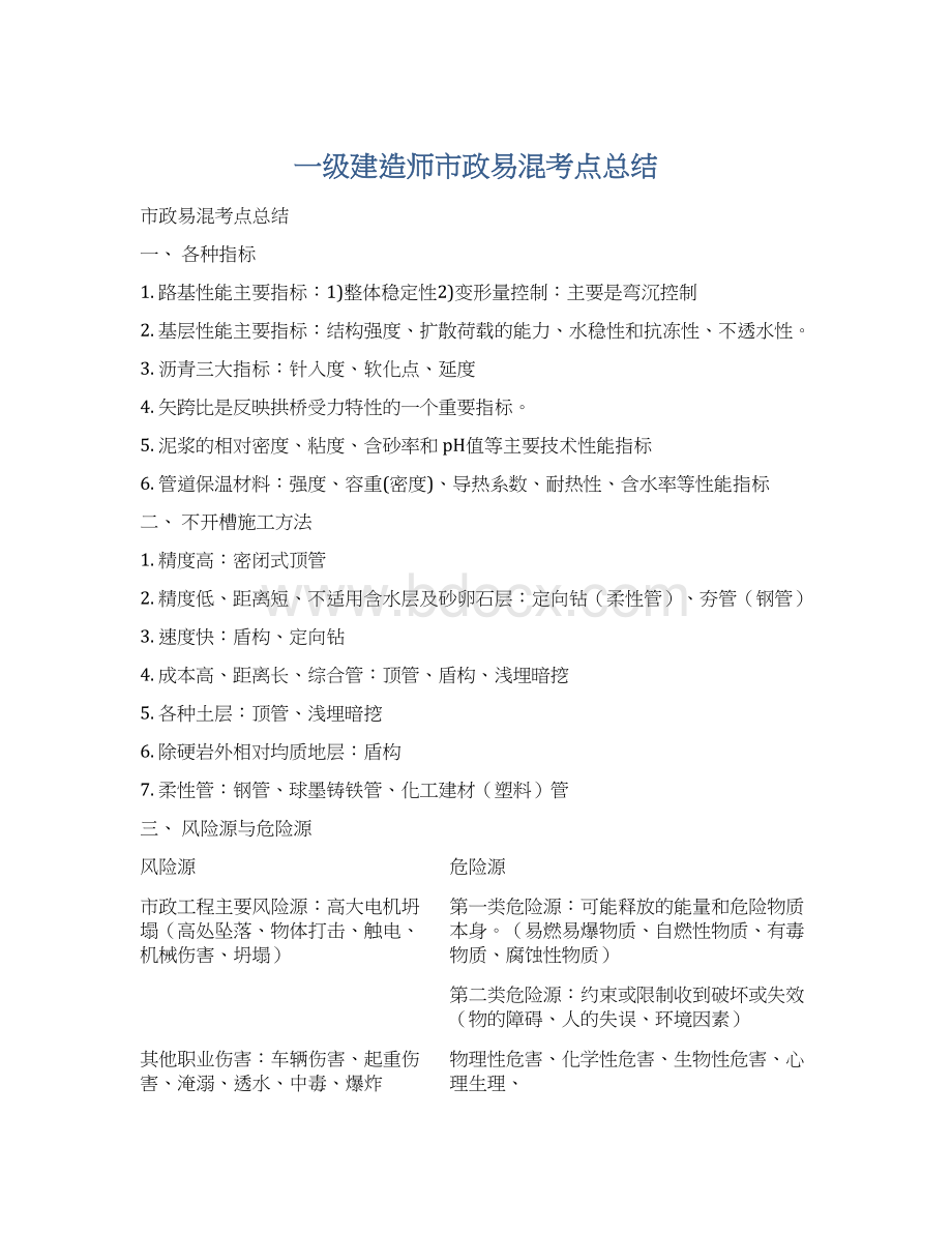 一级建造师市政易混考点总结Word文档下载推荐.docx_第1页