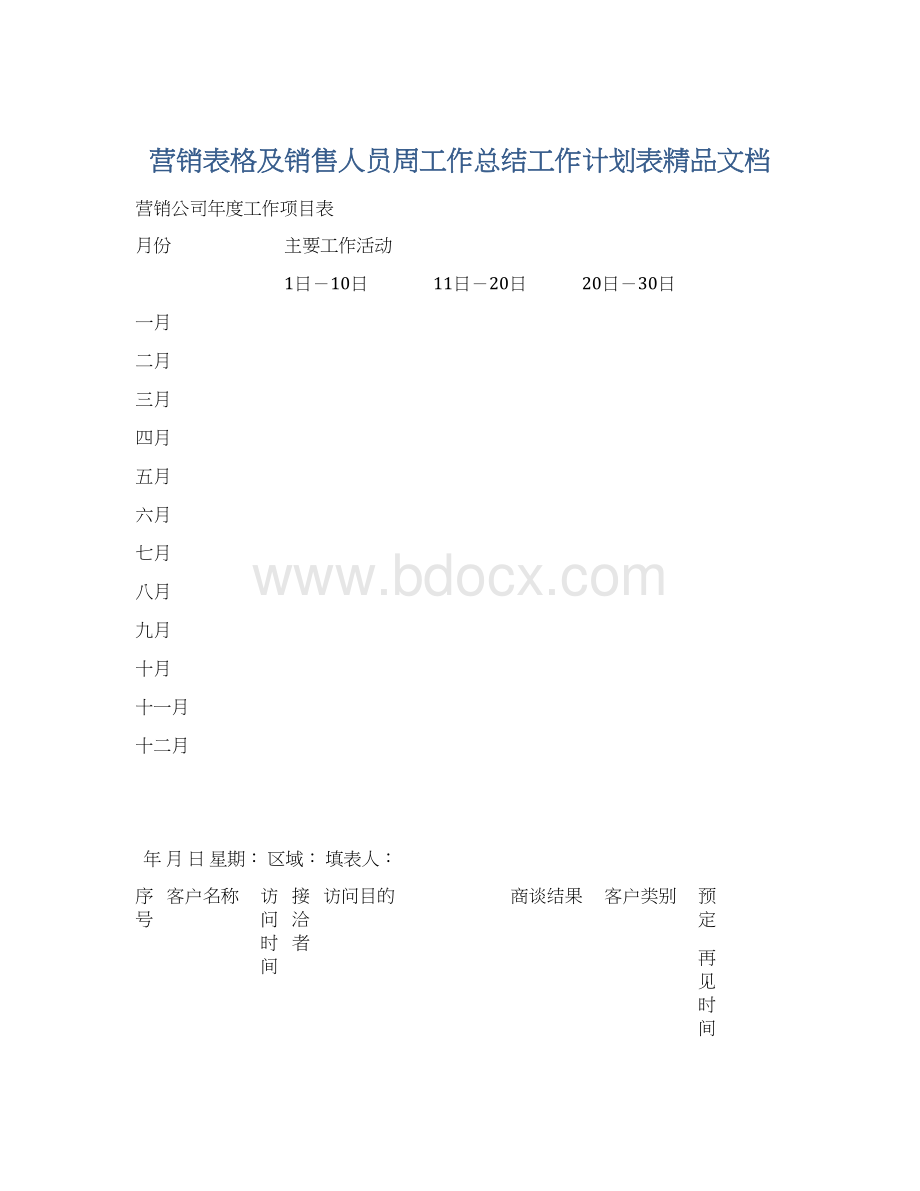 营销表格及销售人员周工作总结工作计划表精品文档.docx_第1页