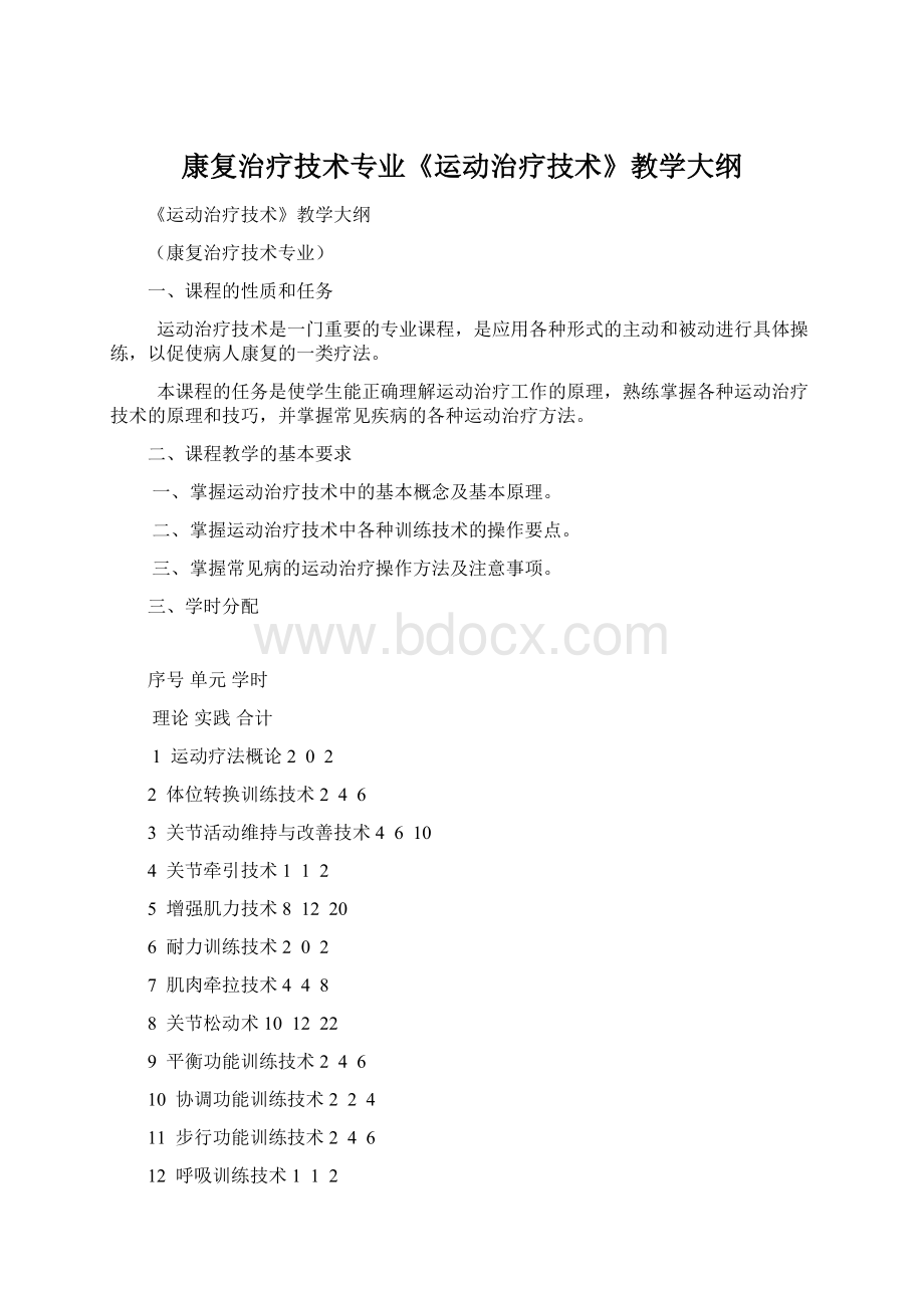 康复治疗技术专业《运动治疗技术》教学大纲文档格式.docx