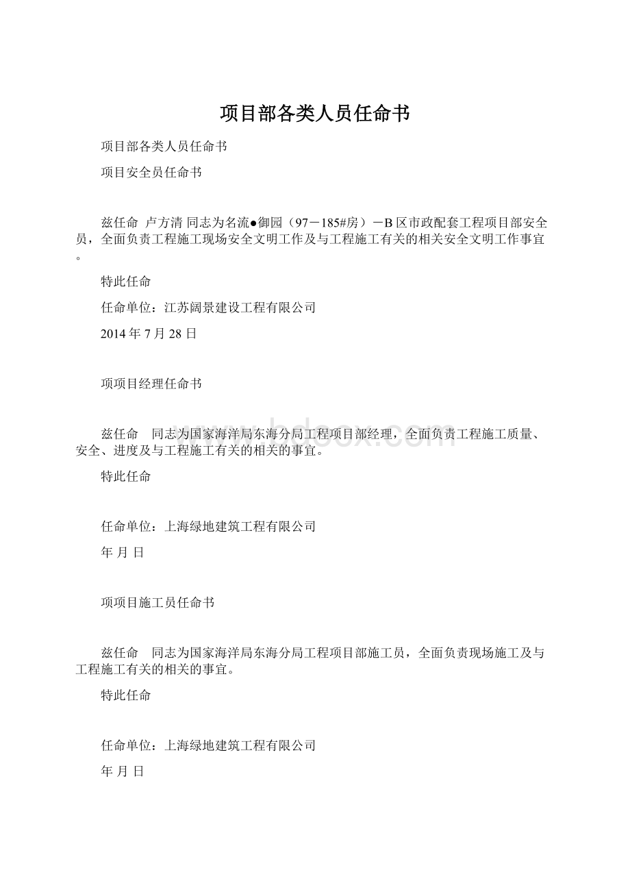 项目部各类人员任命书.docx