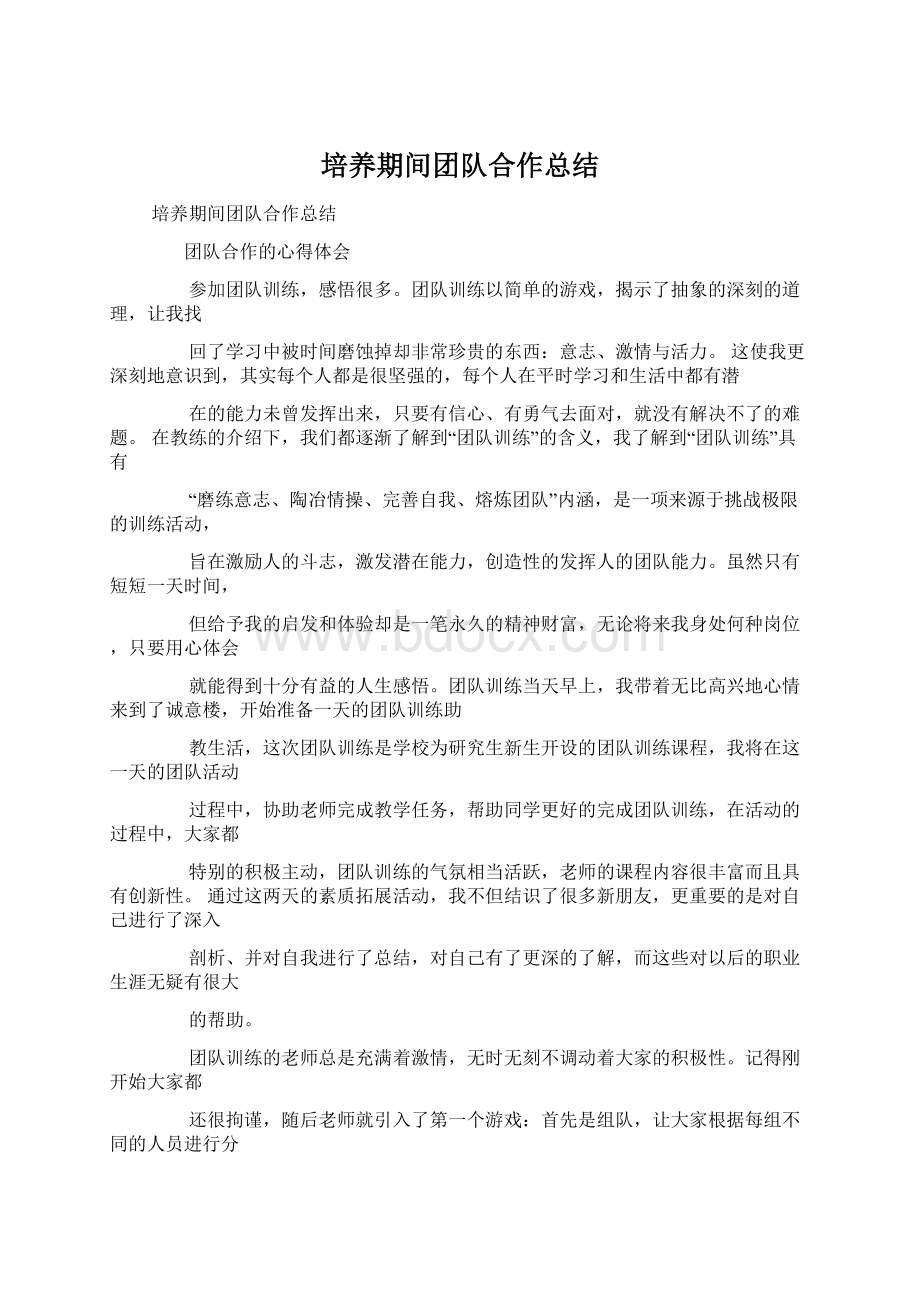 培养期间团队合作总结Word格式.docx