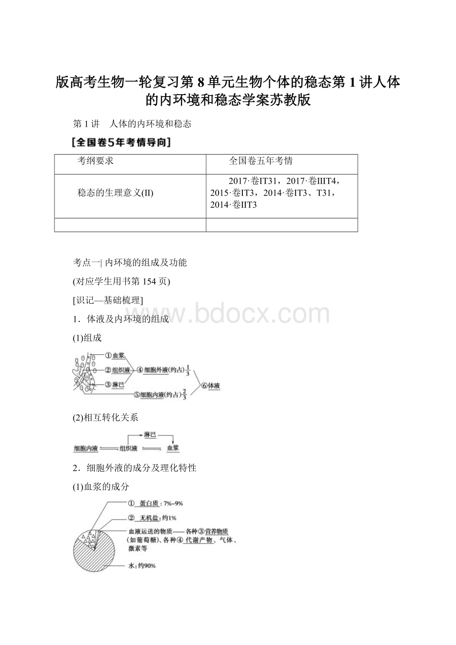 版高考生物一轮复习第8单元生物个体的稳态第1讲人体的内环境和稳态学案苏教版Word格式.docx_第1页