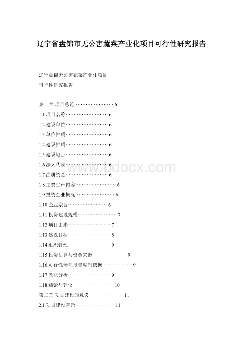 辽宁省盘锦市无公害蔬菜产业化项目可行性研究报告.docx_第1页