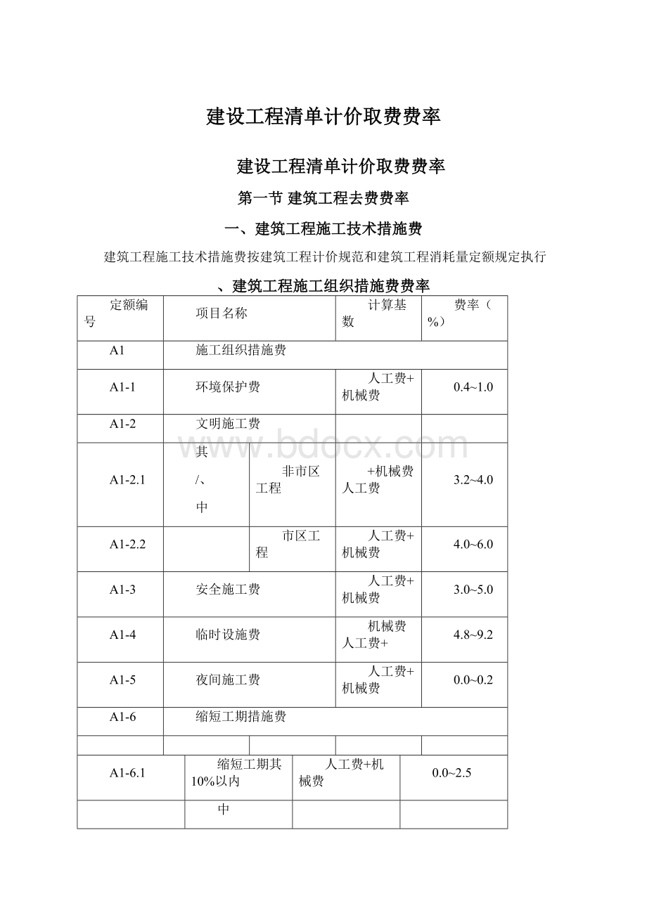 建设工程清单计价取费费率Word文档下载推荐.docx