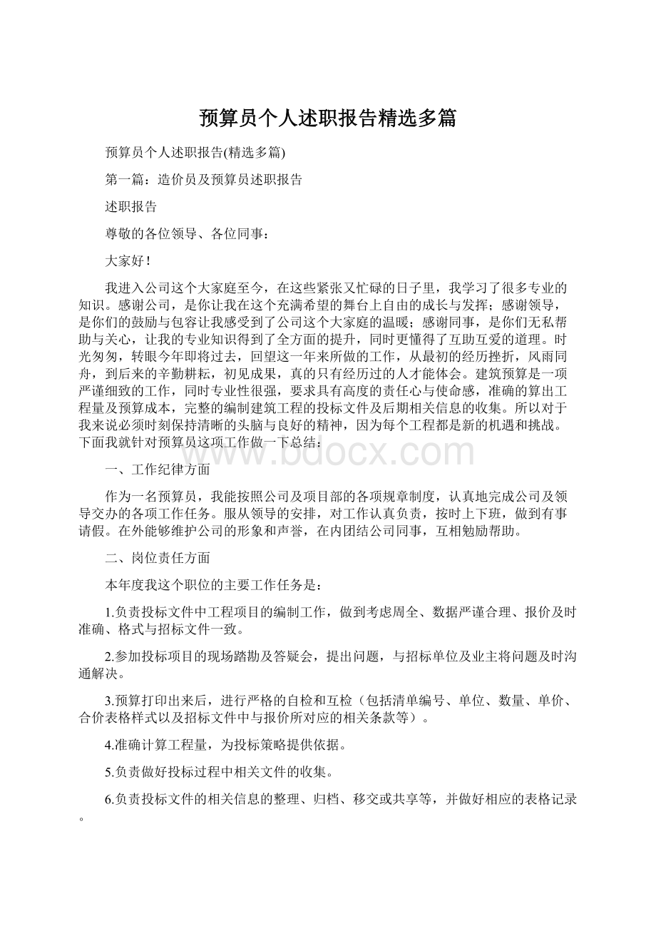 预算员个人述职报告精选多篇.docx_第1页