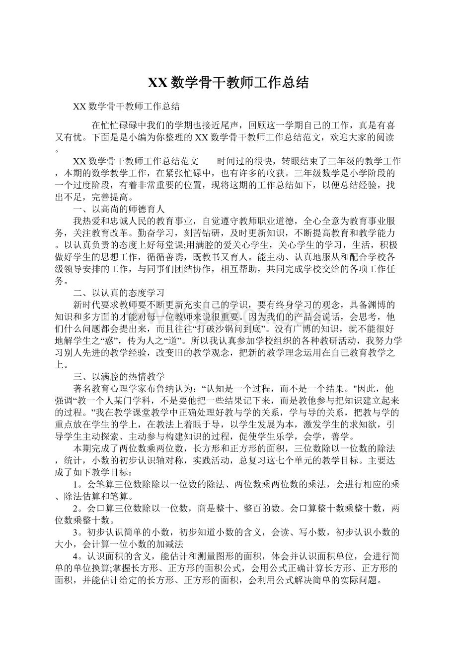 XX数学骨干教师工作总结.docx