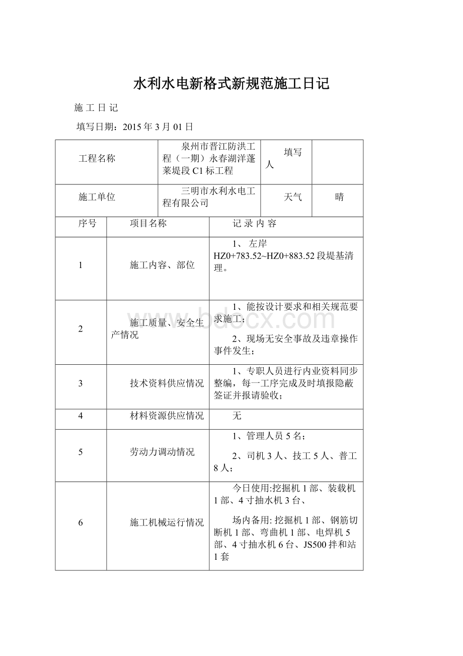 水利水电新格式新规范施工日记.docx