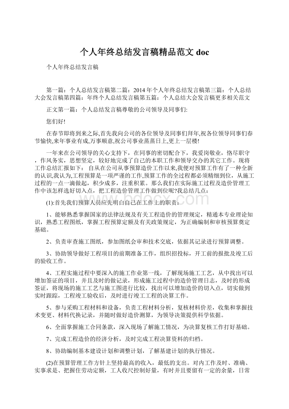 个人年终总结发言稿精品范文doc.docx_第1页