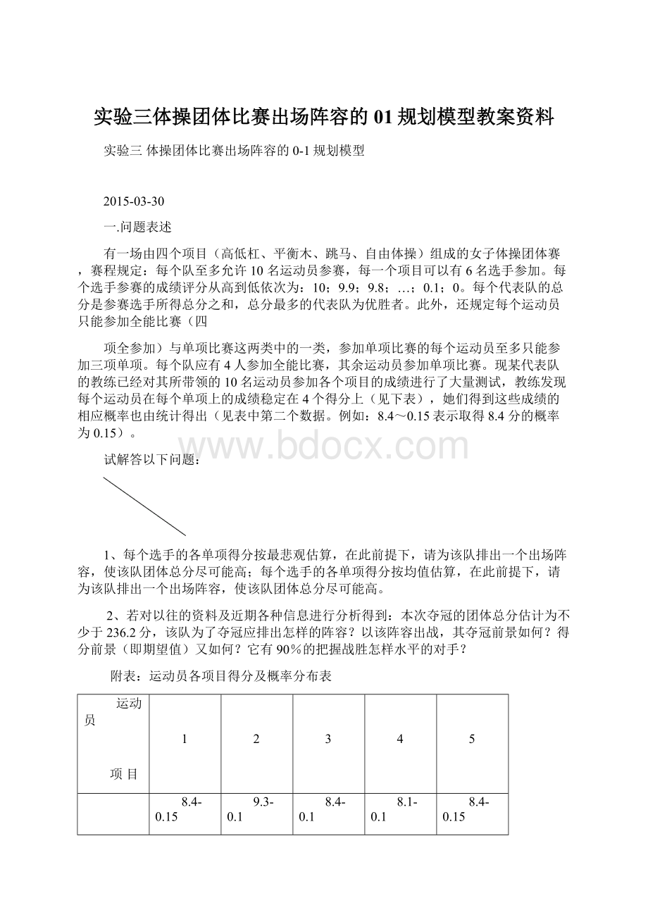 实验三体操团体比赛出场阵容的01规划模型教案资料.docx_第1页