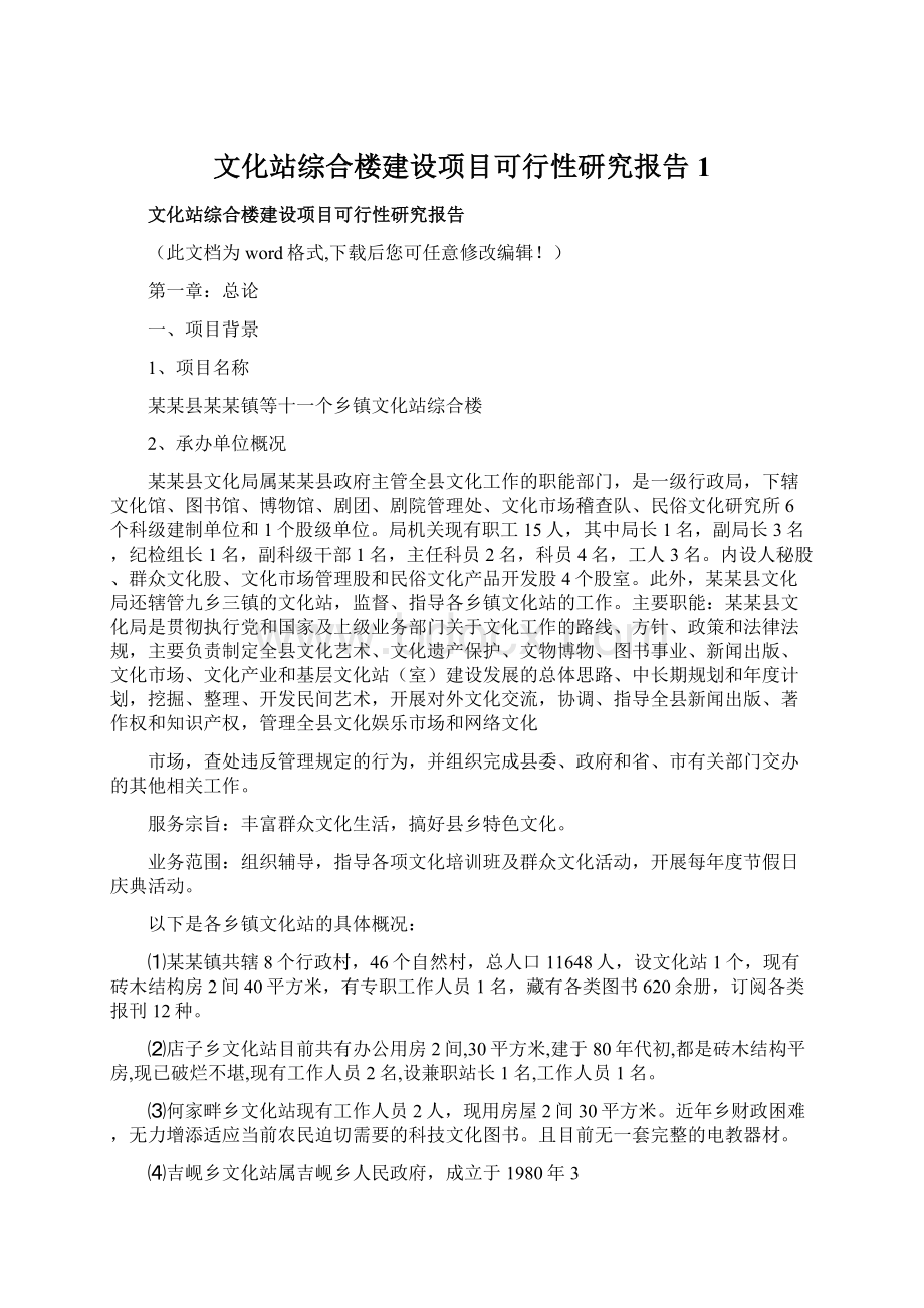 文化站综合楼建设项目可行性研究报告 1Word格式文档下载.docx