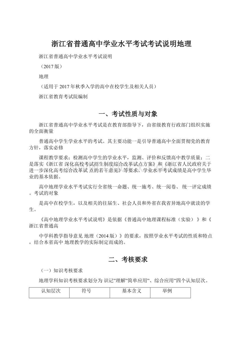 浙江省普通高中学业水平考试考试说明地理Word格式.docx