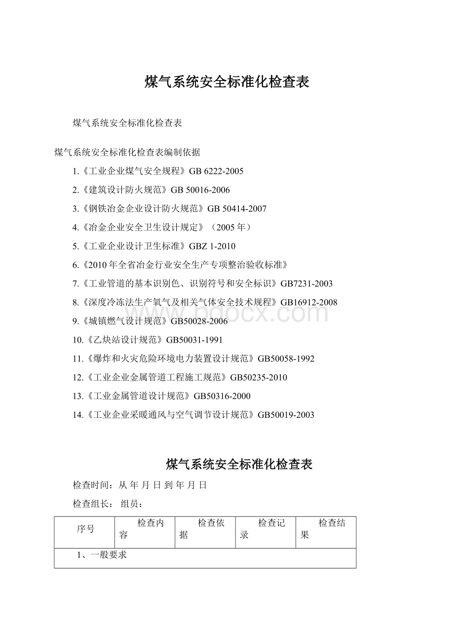 煤气系统安全标准化检查表Word格式文档下载.docx_第1页