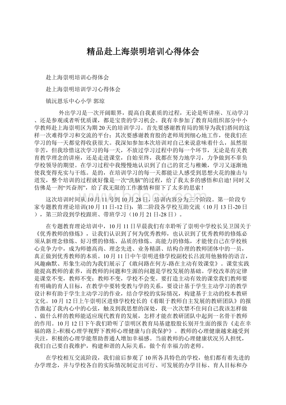 精品赴上海崇明培训心得体会Word文档格式.docx