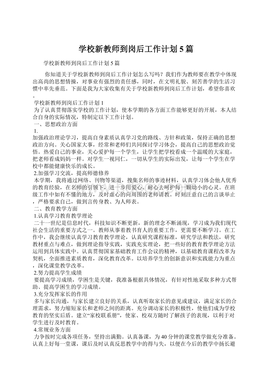 学校新教师到岗后工作计划5篇Word格式文档下载.docx