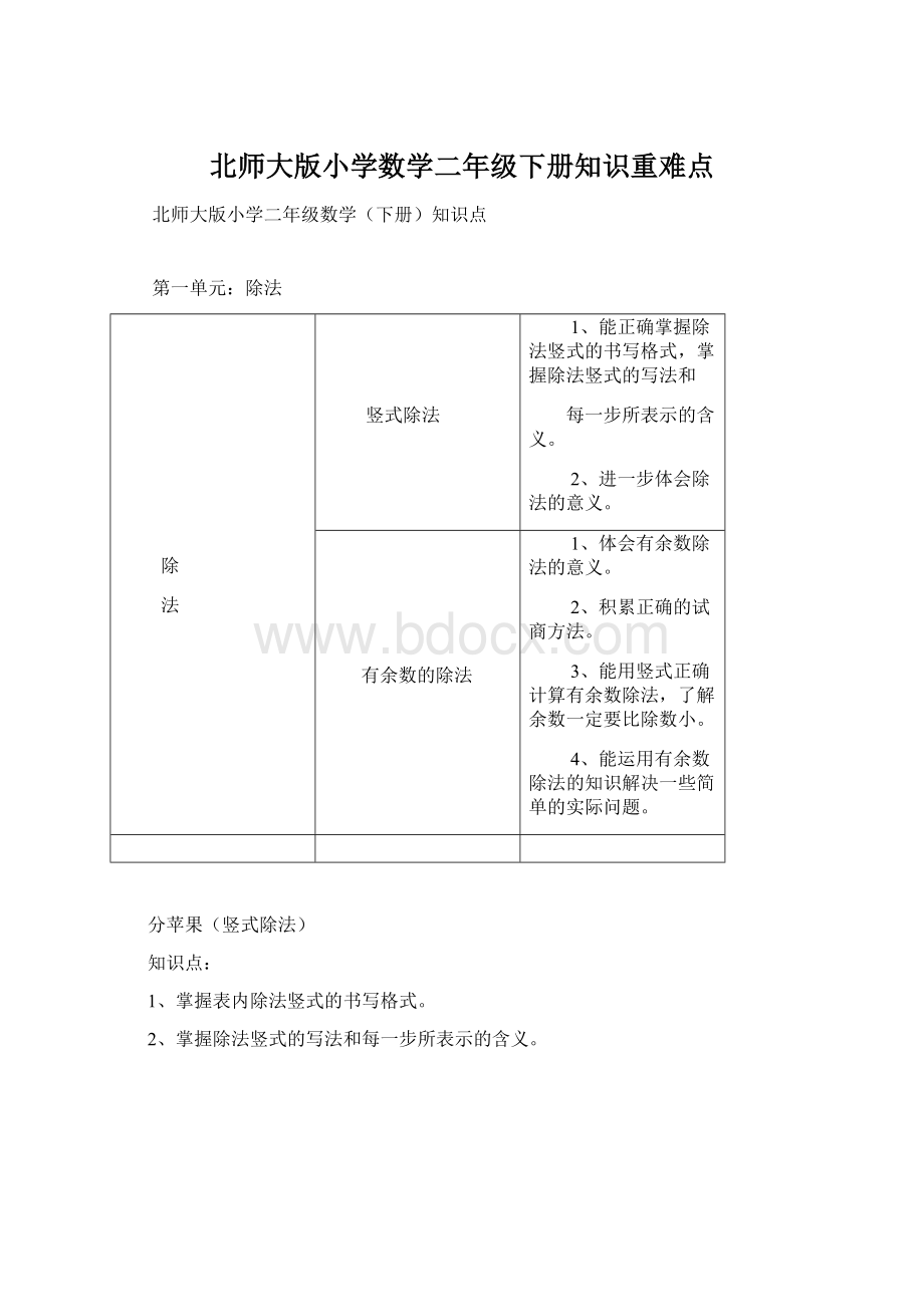 北师大版小学数学二年级下册知识重难点Word格式.docx