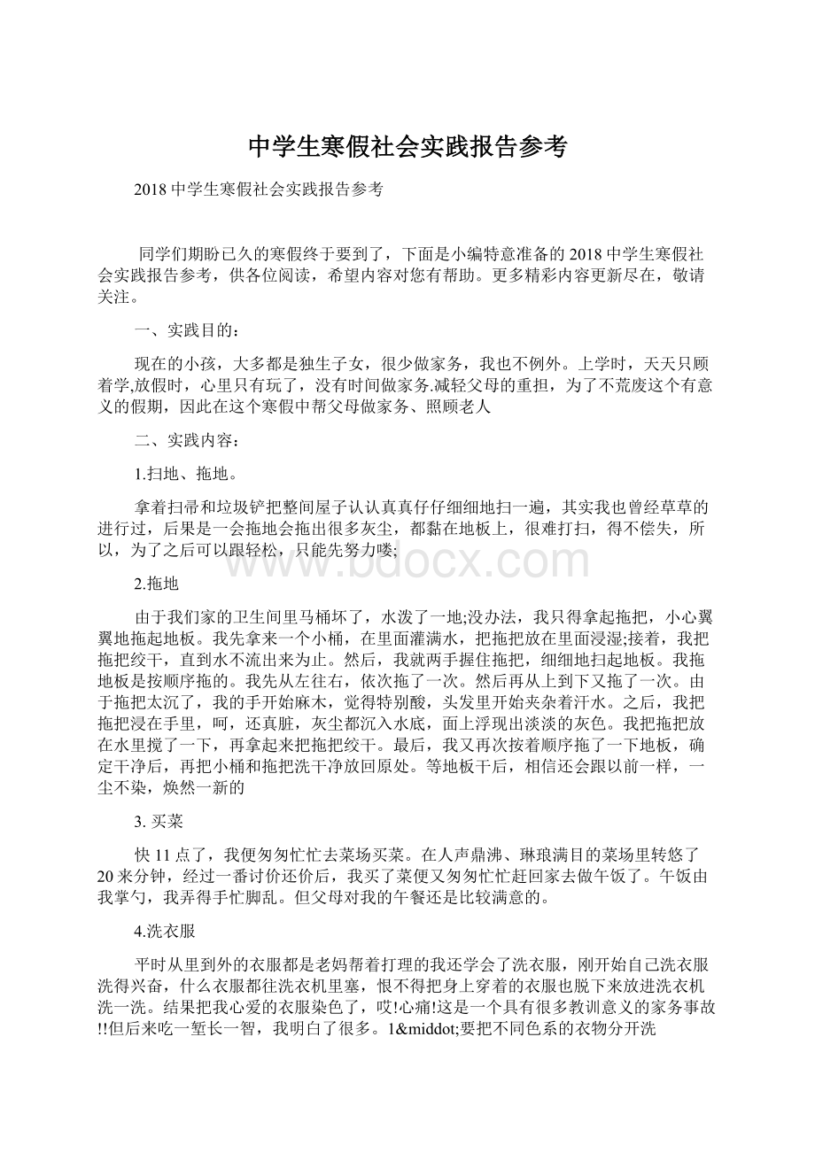 中学生寒假社会实践报告参考Word下载.docx