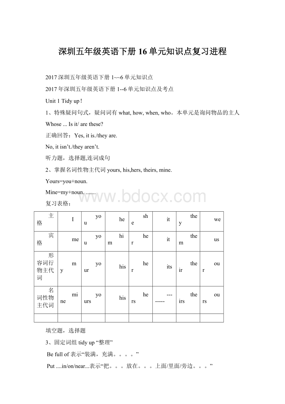 深圳五年级英语下册16单元知识点复习进程Word文档格式.docx_第1页