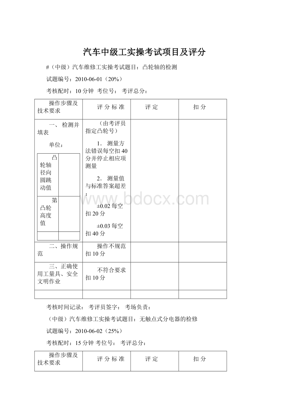 汽车中级工实操考试项目及评分Word文档格式.docx_第1页