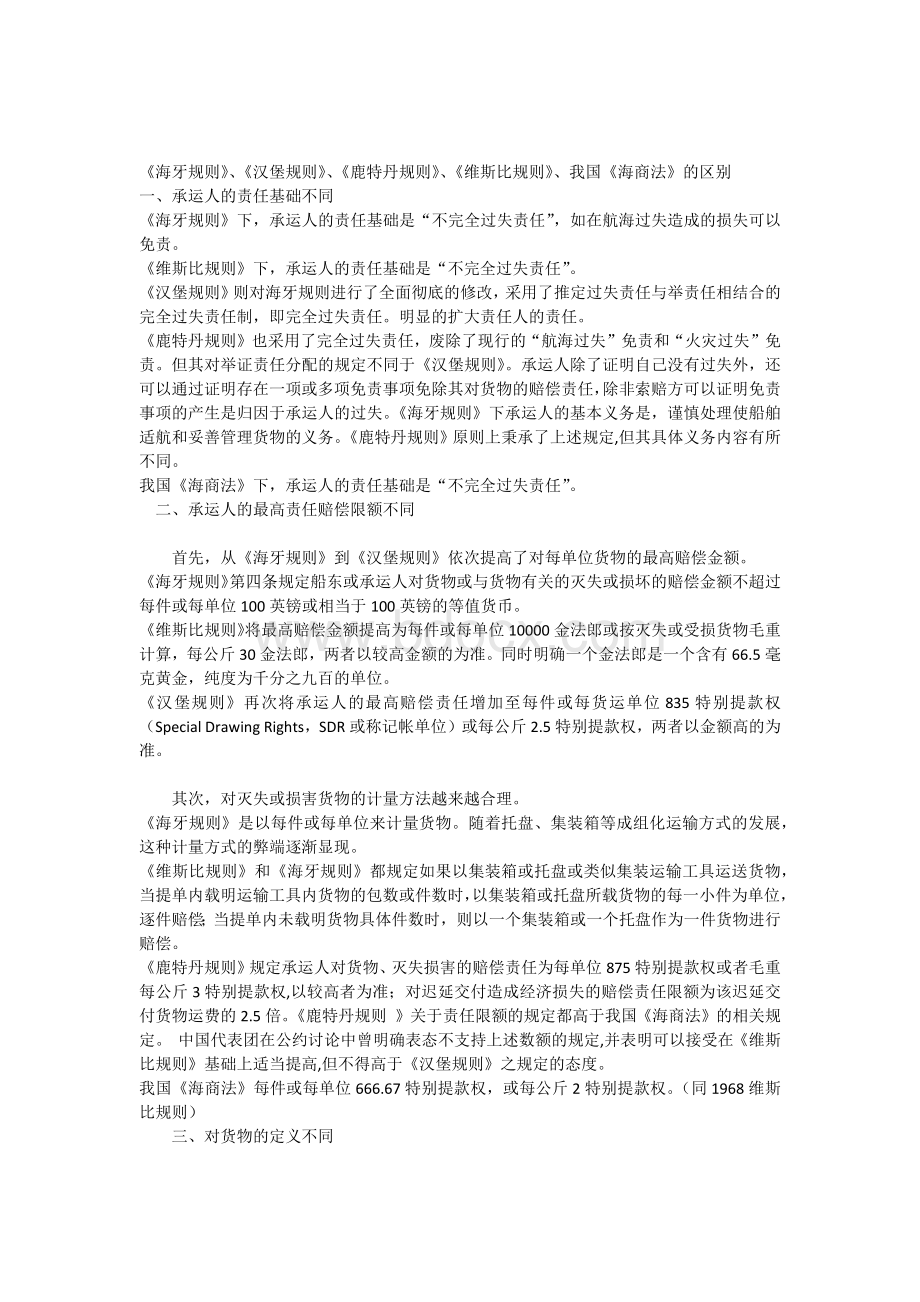 国际货物运输各规则对比Word格式文档下载.docx