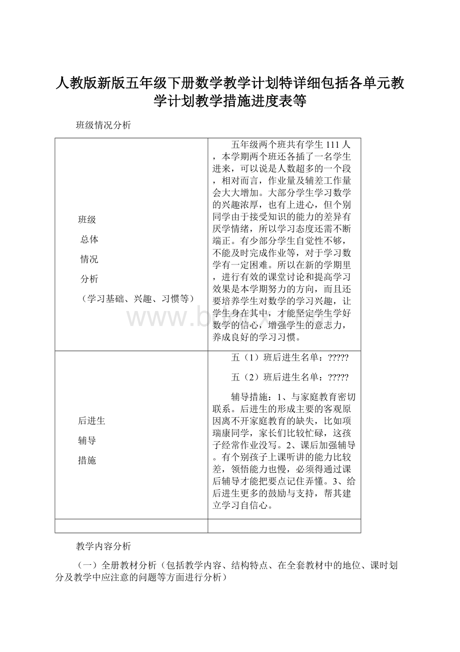 人教版新版五年级下册数学教学计划特详细包括各单元教学计划教学措施进度表等.docx