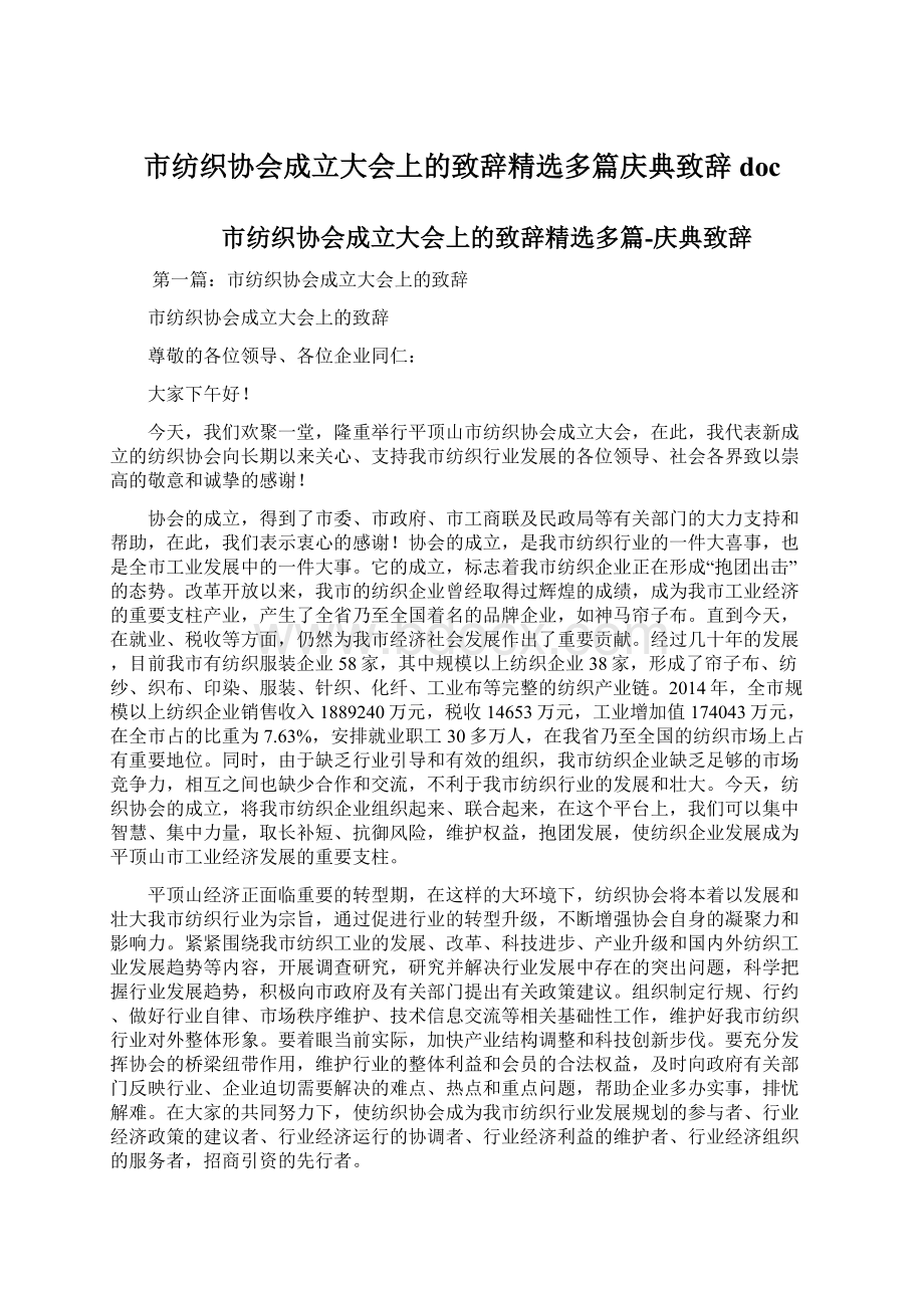 市纺织协会成立大会上的致辞精选多篇庆典致辞doc文档格式.docx