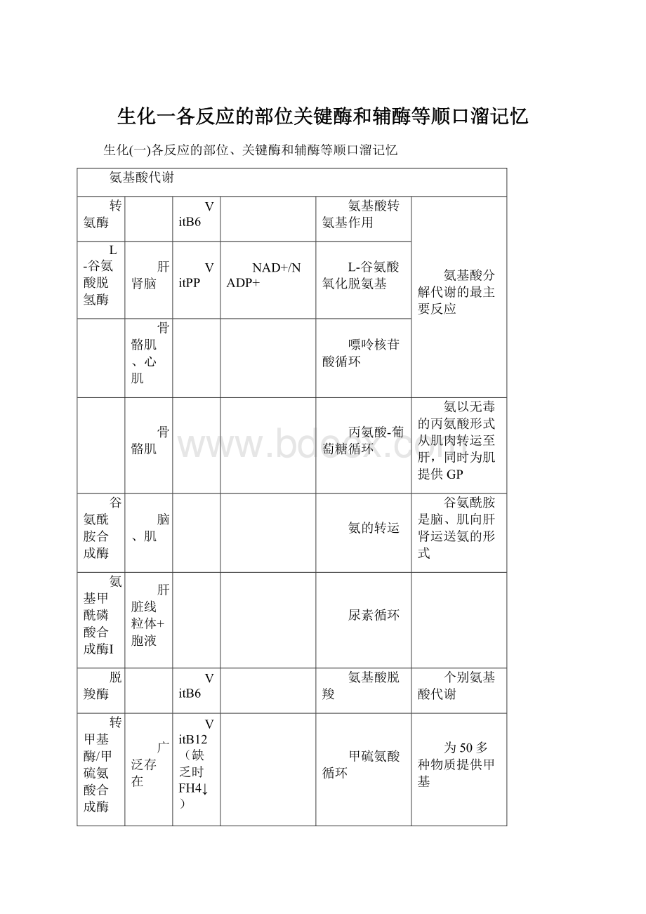 生化一各反应的部位关键酶和辅酶等顺口溜记忆文档格式.docx