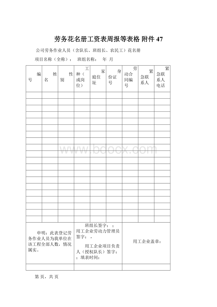 劳务花名册工资表周报等表格附件 47.docx_第1页