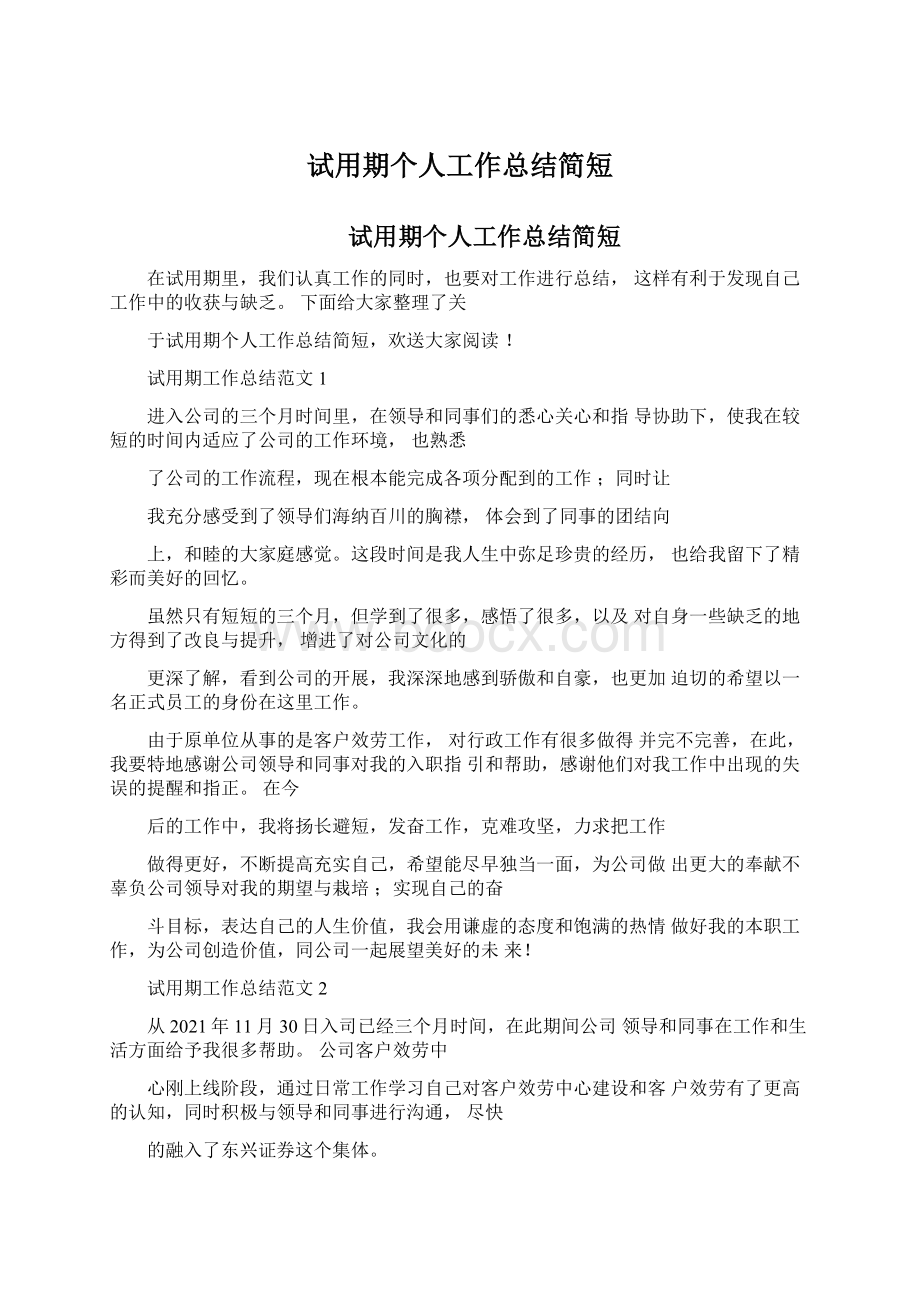 试用期个人工作总结简短Word文档下载推荐.docx