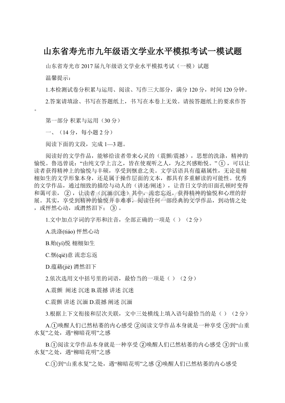 山东省寿光市九年级语文学业水平模拟考试一模试题.docx