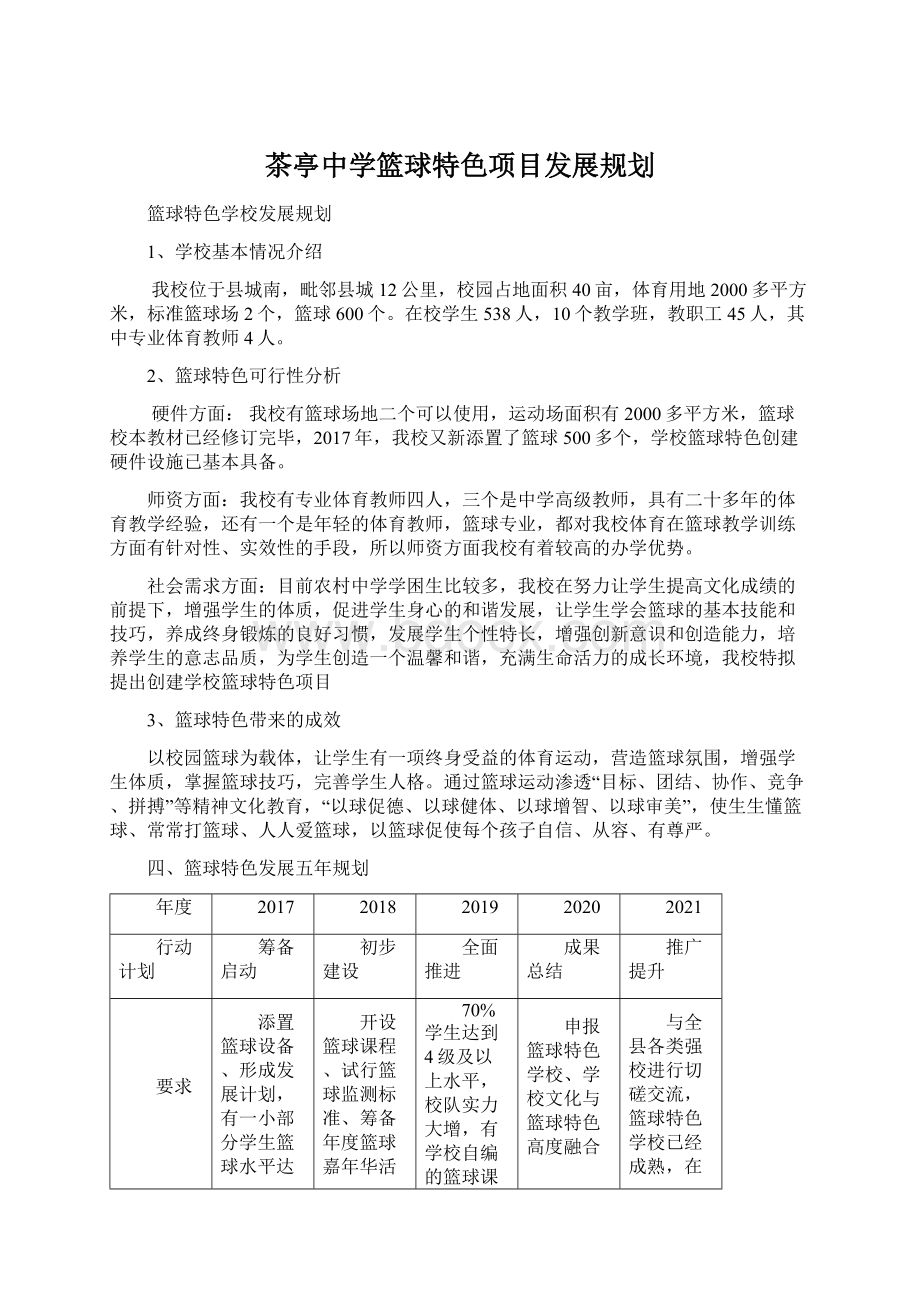 茶亭中学篮球特色项目发展规划Word文档格式.docx