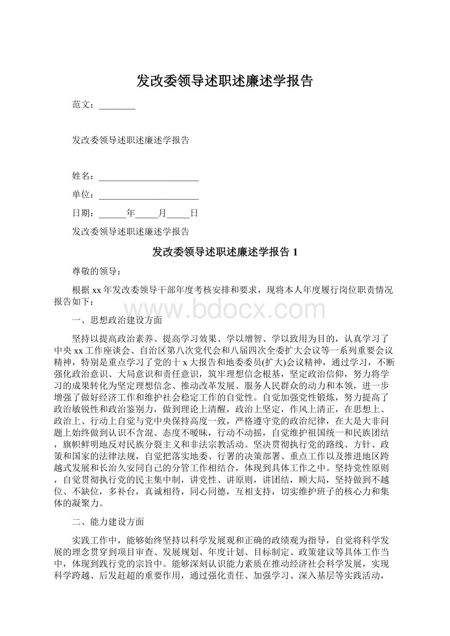 发改委领导述职述廉述学报告文档格式.docx