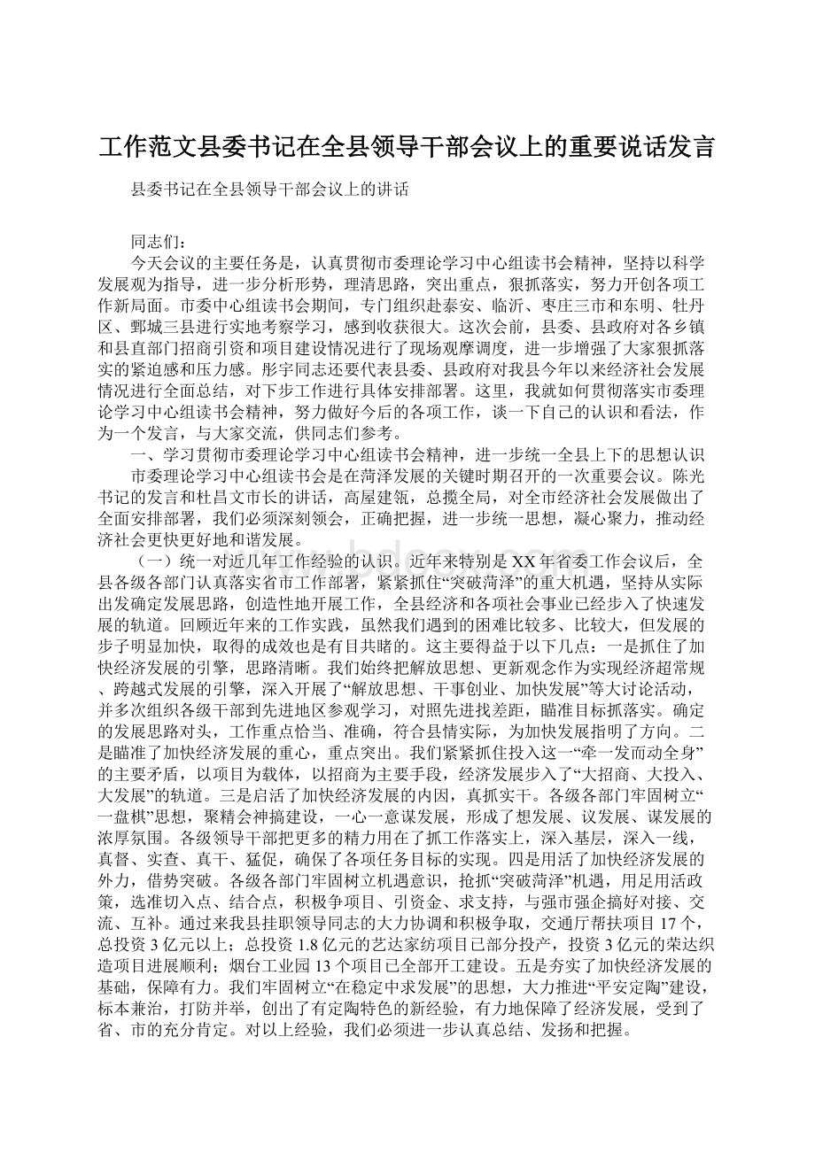 工作范文县委书记在全县领导干部会议上的重要说话发言.docx